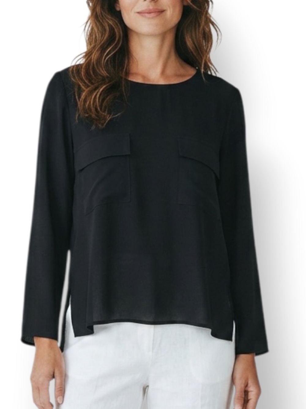 4/$20 Gianni Bini Black Utility Blouse Long Sleeve High Low Hem Size Large